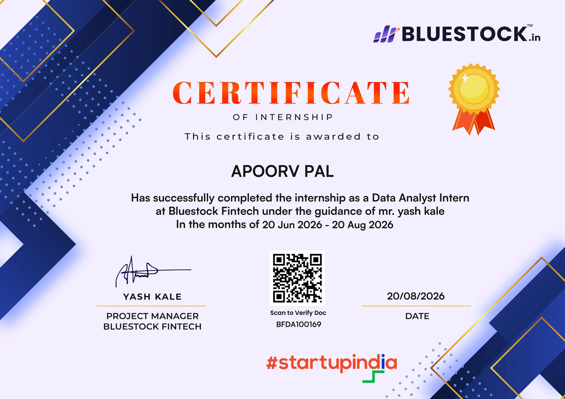 Bluestock Fintech certificate awarded to Apoorv Pal for completing a Data Analyst internship