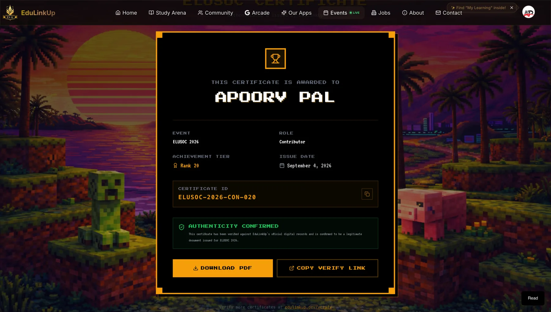 ELUSOC 2026 contributor certificate for Apoorv Pal showing rank 20
