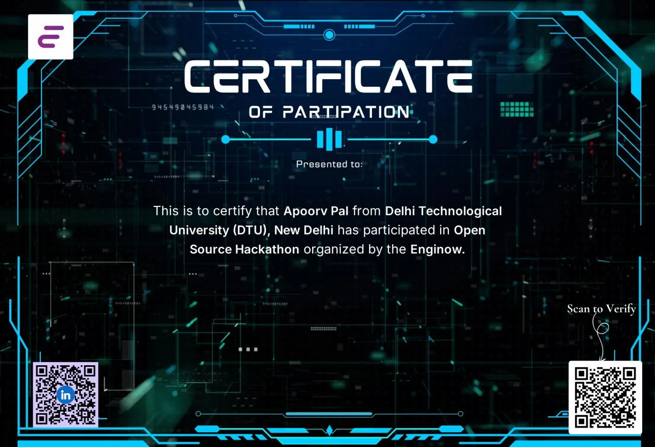 Enginow Open Source Hackathon certificate of participation awarded to Apoorv Pal