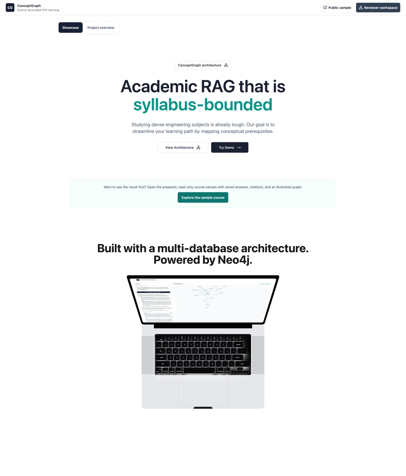 ConceptGraph showcase page presenting the syllabus-bounded academic RAG system